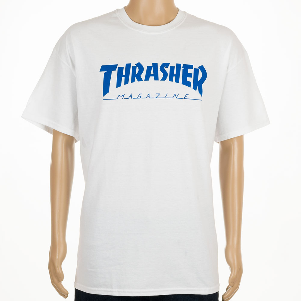 Thrasher Magazine Logo T Shirt White/Blue Available at Skate Pharm
